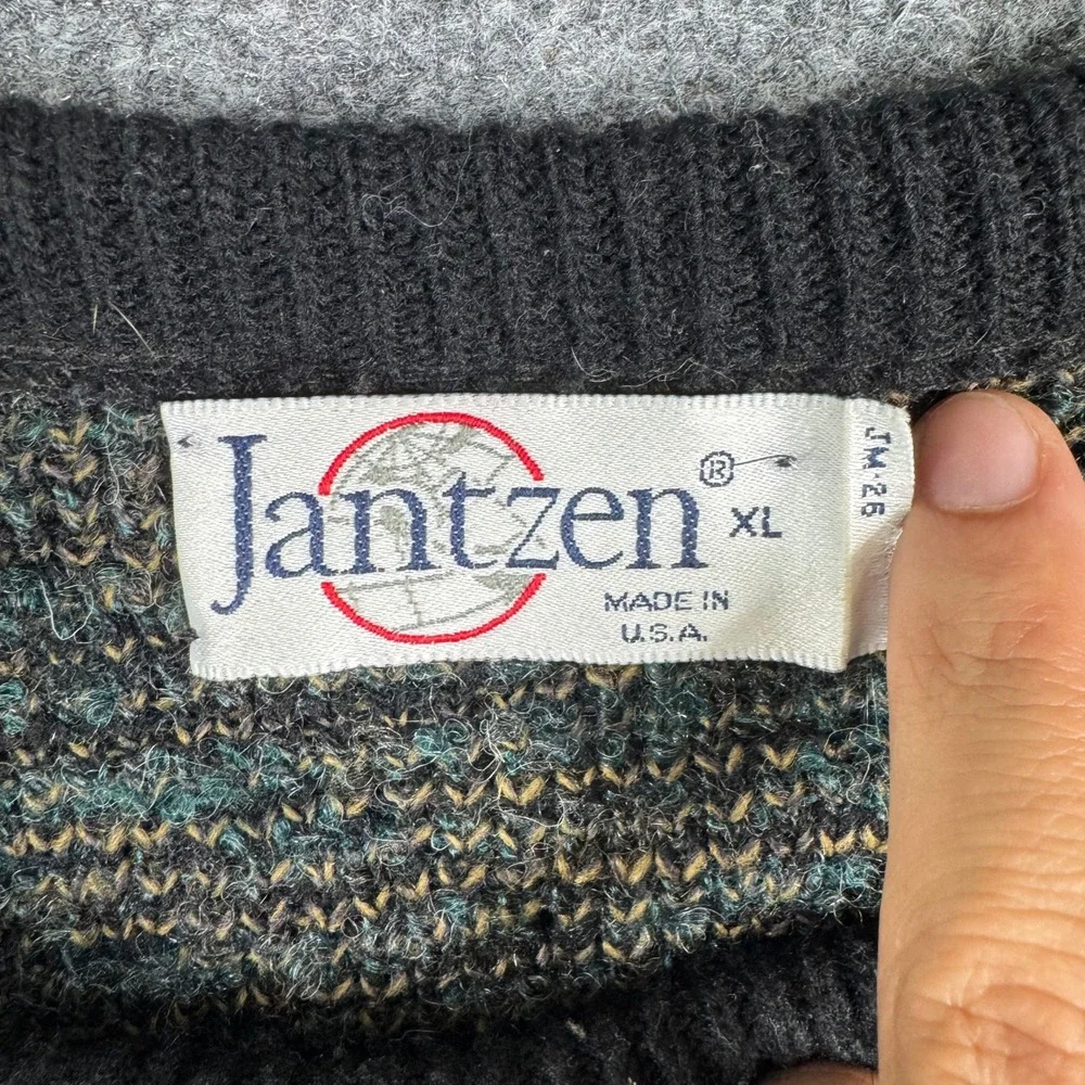Jantzen Sweater Mens Size XL Green Geometric Fair Isle Knit Vintage Made in USA